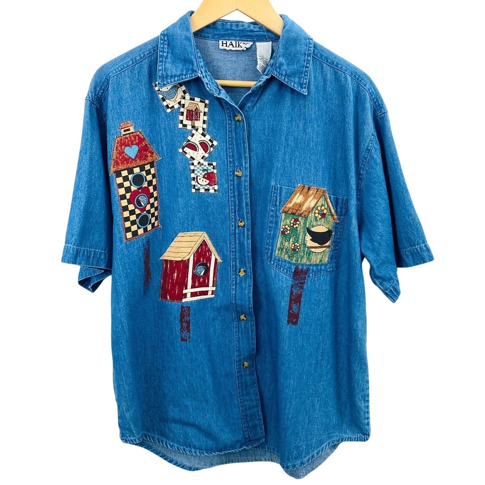 Haiks Denim Shirt Womens Large Blue Birdhouse Patch Vintage Cottagecore Farm